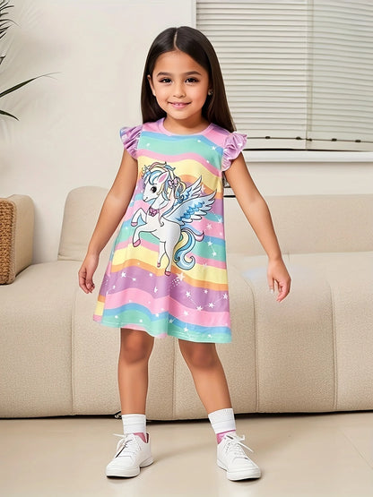 Girls' Unicorn and Rainbow Dress with Ruffled Sleeves – Adorable and Comfortable Summer Wear for Kids