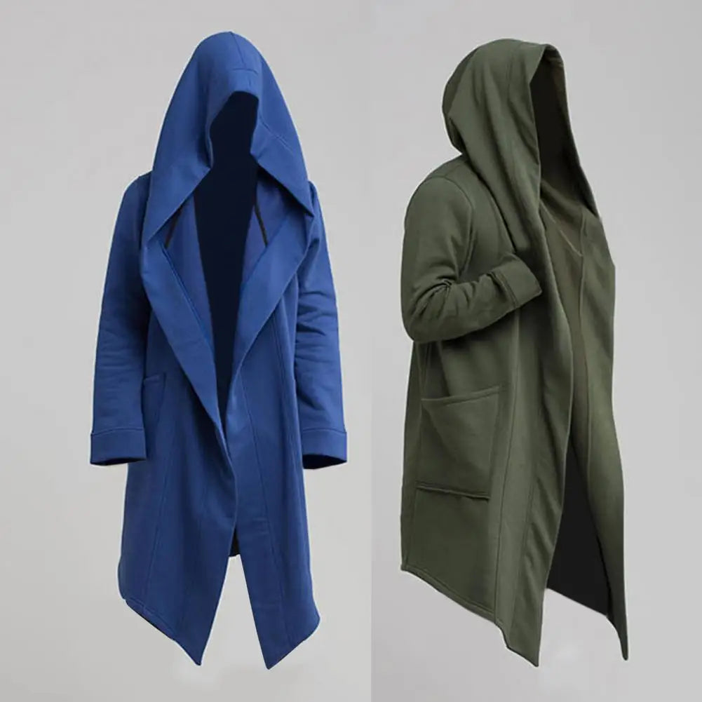 Men's Long Hooded Cardigan with Open Front, Asymmetrical Hem, and Deep Pockets for a Stylish and Modern Look