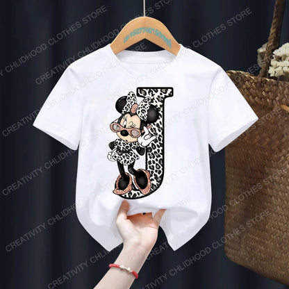 Minnie Mouse Leopard Print Alphabet Graphic T-Shirt for Kids – Trendy and Fun Summer Wear