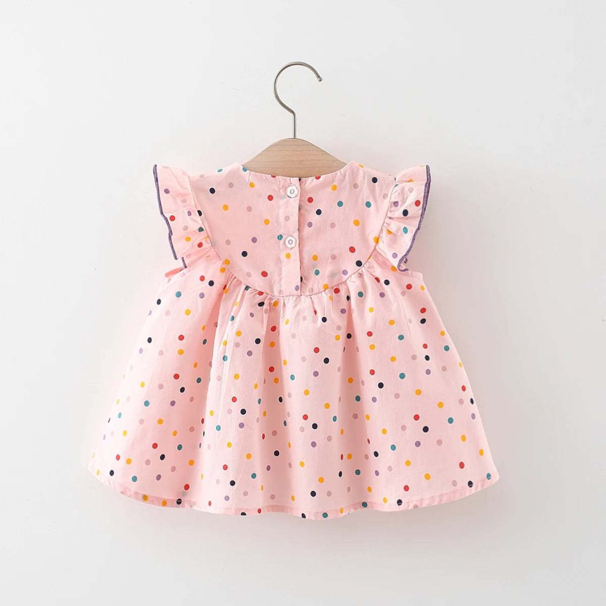 Flutter Sleeve Dress with Floral Embroidery and Polka Dot Pattern for Toddlers