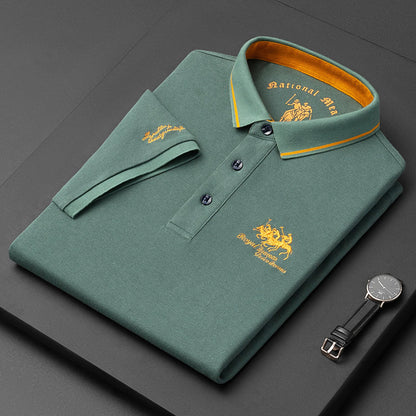 Men's Polo Shirt with Embroidered Equestrian Logo, Contrast Inner Collar, and Button Placket Design