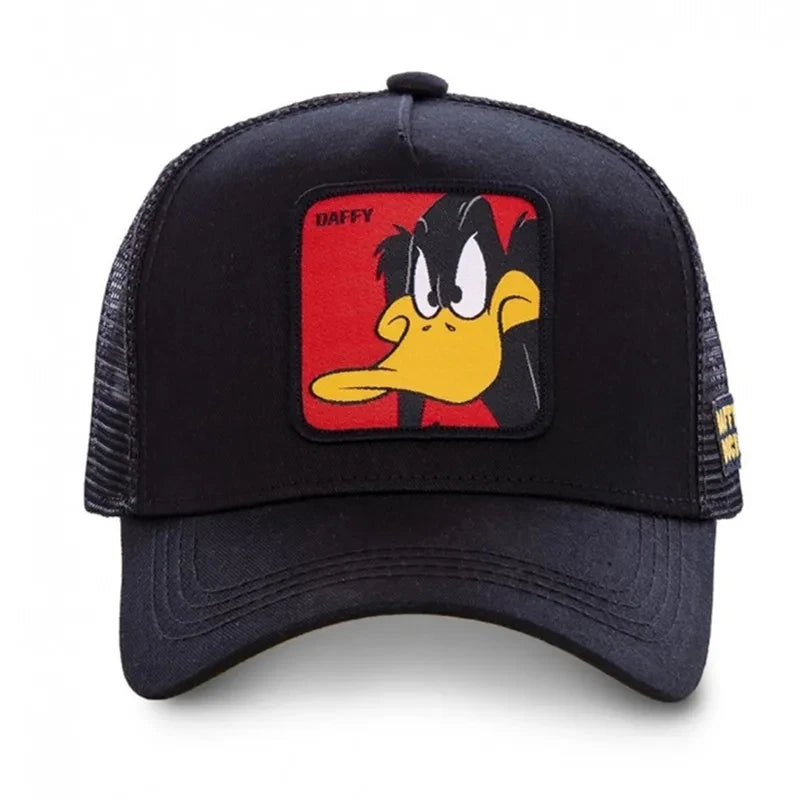 "Mesh Back Trucker Cap Featuring Iconic Cartoon Character Patches for Casual Wear"