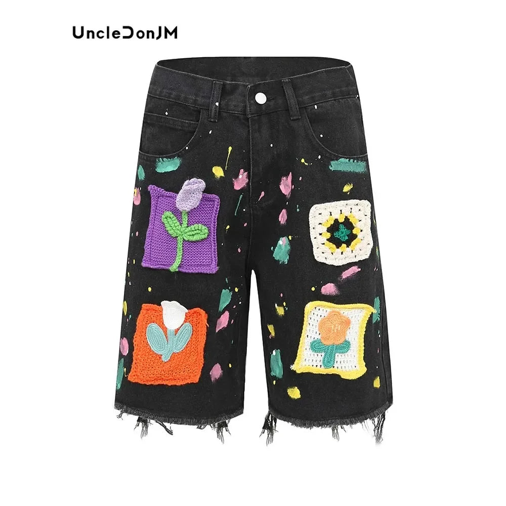 Men's Streetwear Denim Shorts with Colorful Crochet Patches and Distressed Hem Design