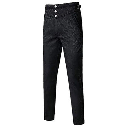 Men's High-Waisted Jacquard Dress Pants with Ornate Button Detailing and Adjustable Buckle Accent for Formal Wear.