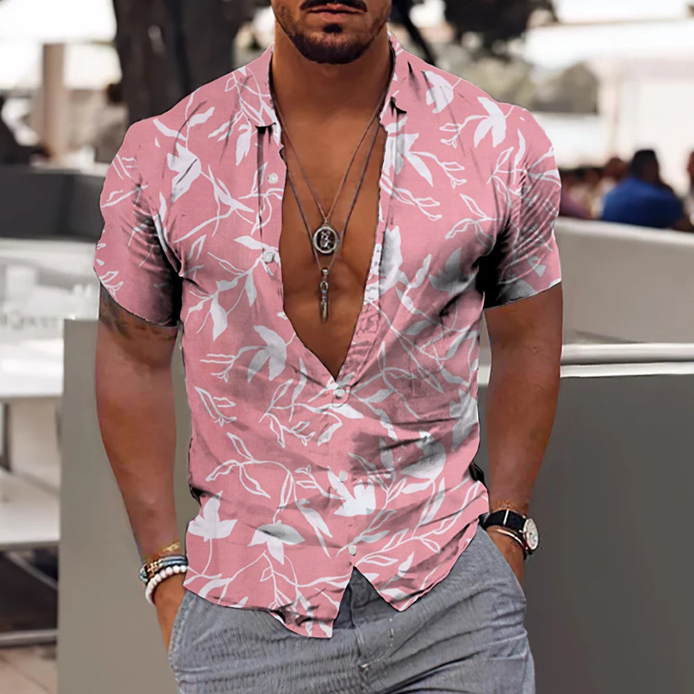 Men's Tropical Print Casual Short Sleeve Button-Down Shirt with Deep V-Neck Design