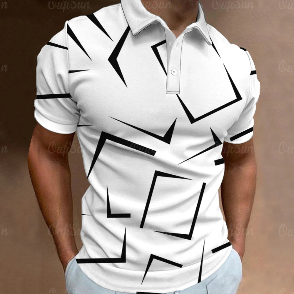 Men's Geometric Print Polo Shirt with Button Placket and Modern Design for Casual Wear