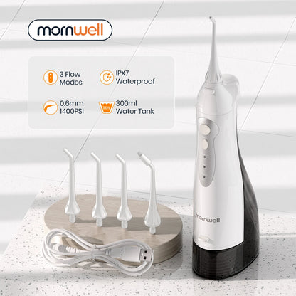 Portable Oral Irrigator by Mornwell with 3 Flow Modes, 300ml Water Tank, and IPX7 Waterproof Rating for Effective Dental Hygiene and Gum Care