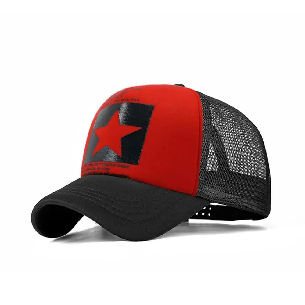 Star Patch Trucker Cap with Mesh Back and Adjustable Snapback Closure for Trendy Casual Wear