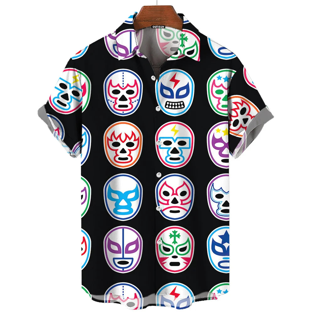 Short-Sleeve Hawaiian Shirt with Lucha Libre Wrestler Print and Button-Up Design