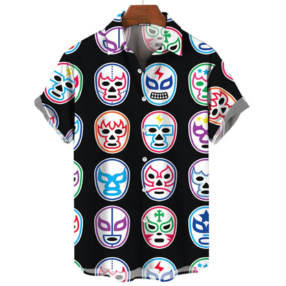 Short-Sleeve Hawaiian Shirt with Lucha Libre Wrestler Print and Button-Up Design