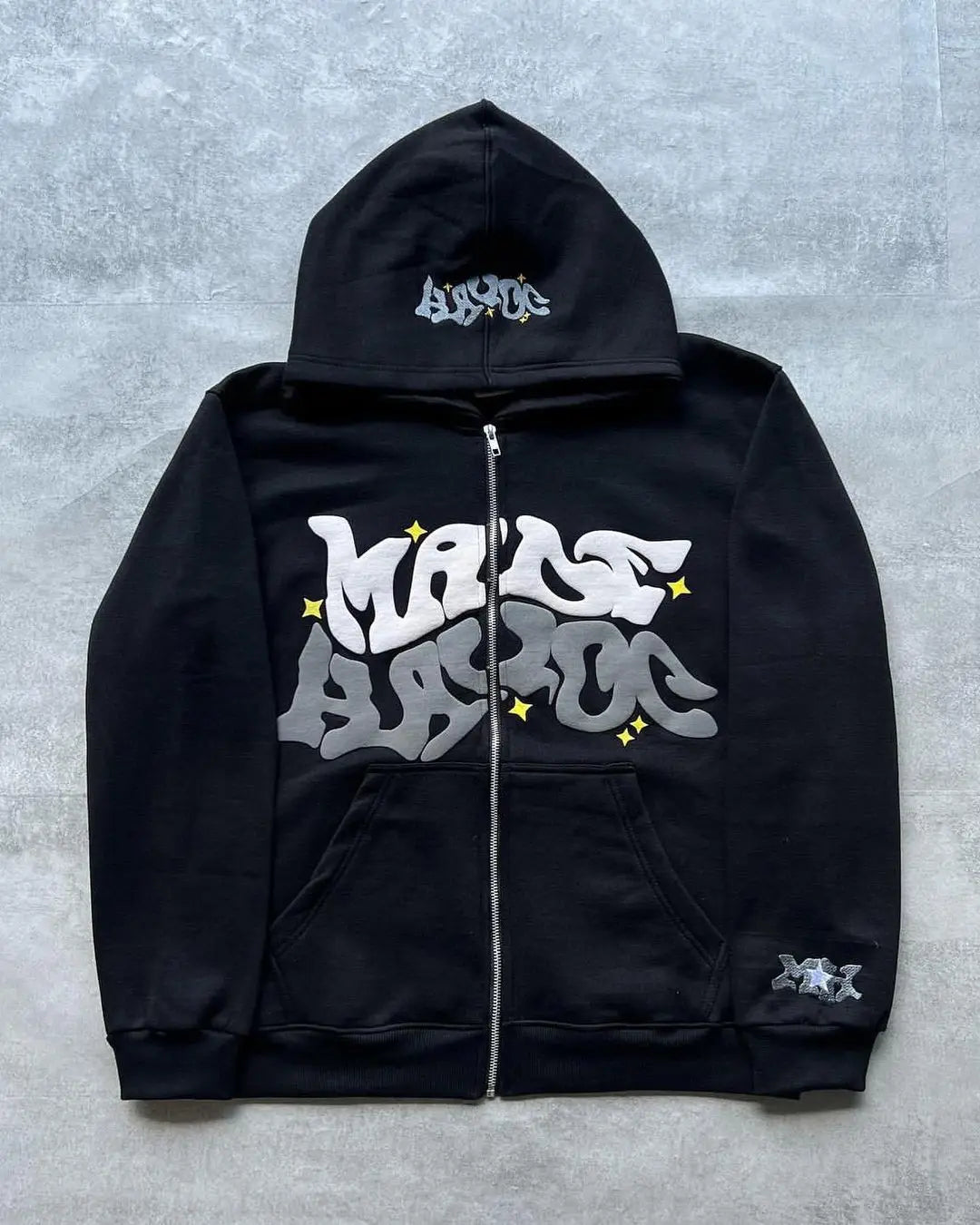 Stylish Zip-Up Hoodie with Bold Graffiti Design, Featuring Embroidered Details and Front Pockets for a Trendy Urban Look