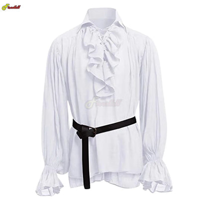 Elegant Vintage-Inspired Ruffled Long-Sleeve Shirt with Lace-Up Collar for Men