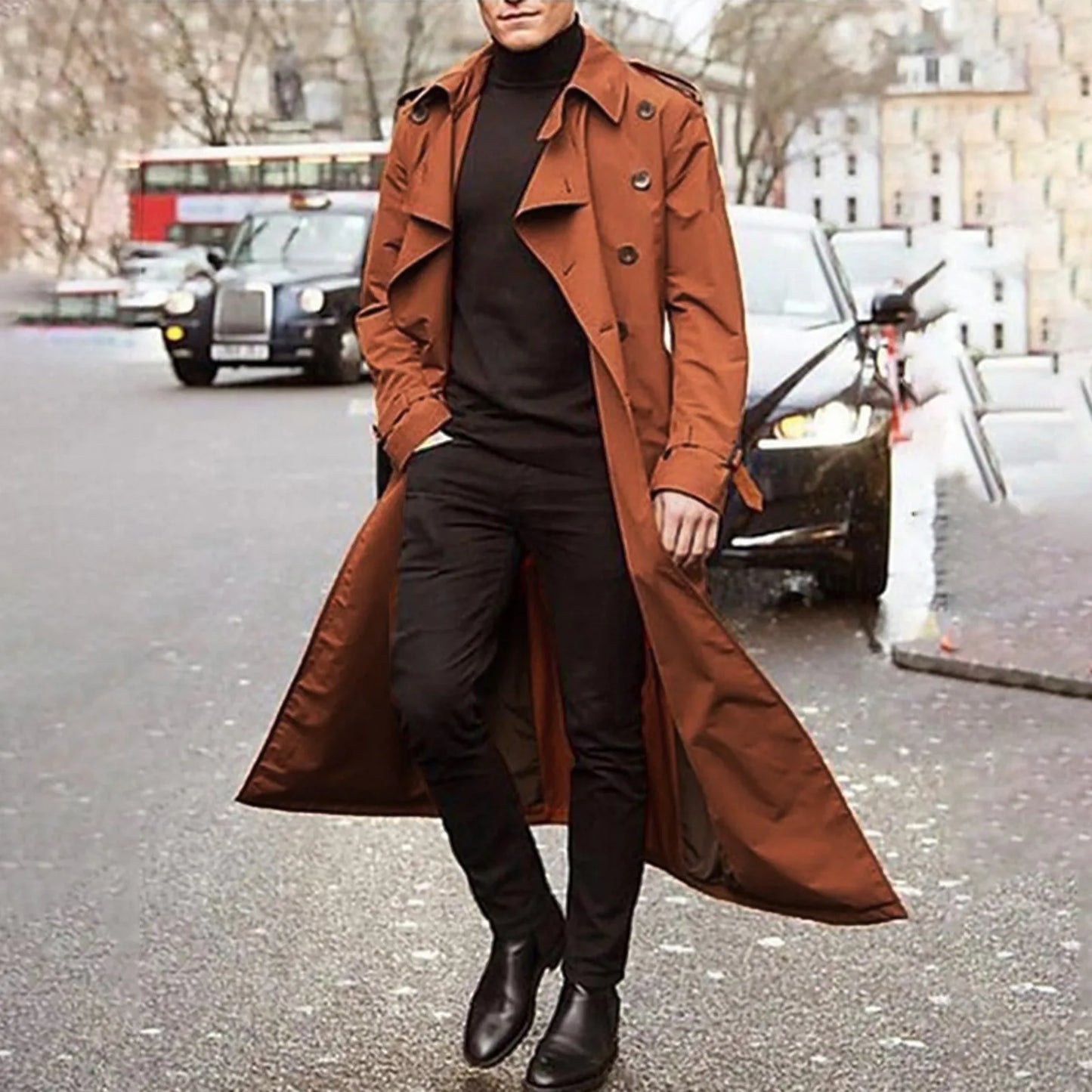 Men's Long Double-Breasted Trench Coat with Epaulets, Turn-Down Collar, and Belted Waist for a Classic and Sophisticated Look