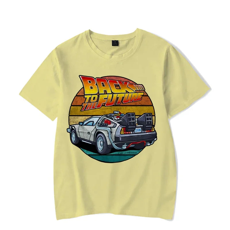 Men's Short Sleeve Retro Graphic T-Shirt Featuring Iconic Car Design and Nostalgic "Back to the Future" Theme