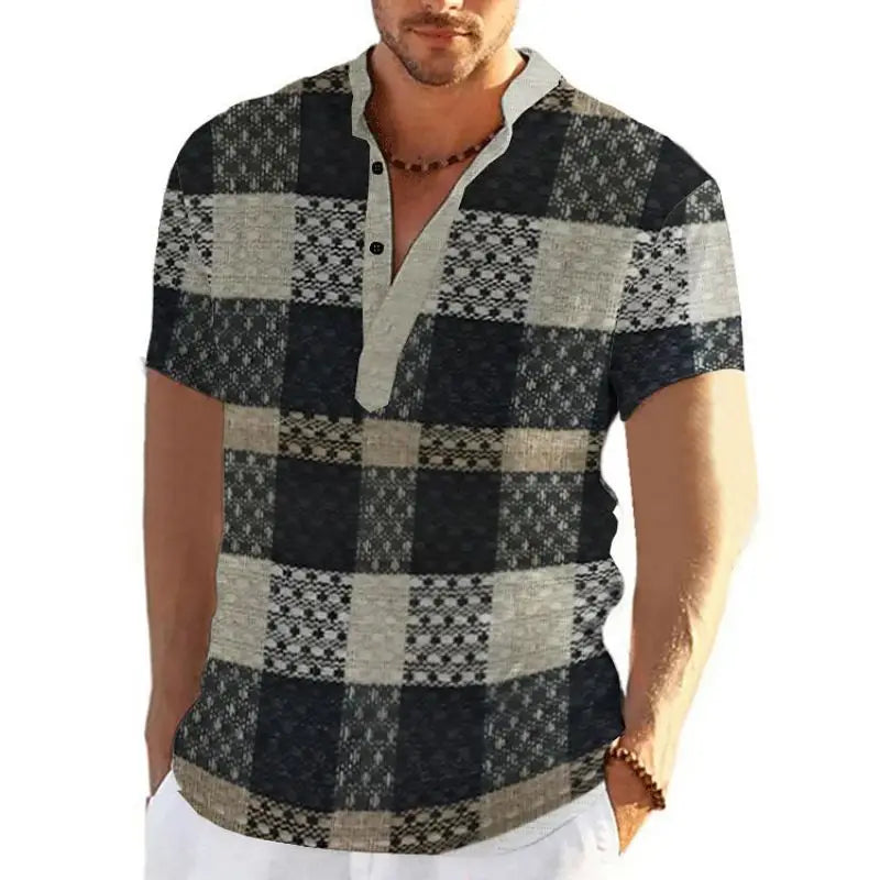 Men's short sleeve V-neck shirt with bold geometric patchwork design for a stylish and unique casual look