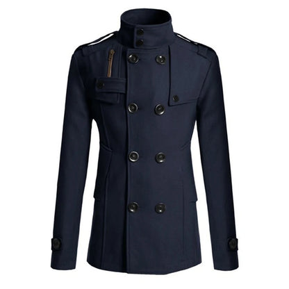 Men's Double-Breasted Military Style Peacoat with High Collar and Button Detailing for Elegant Winter Wear