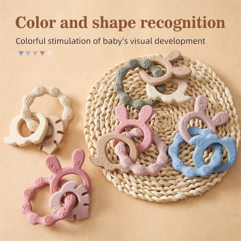 Textured Baby Teething Rings with Animal Shapes, Made from Safe Silicone for Soothing Sore Gums and Encouraging Sensory Development