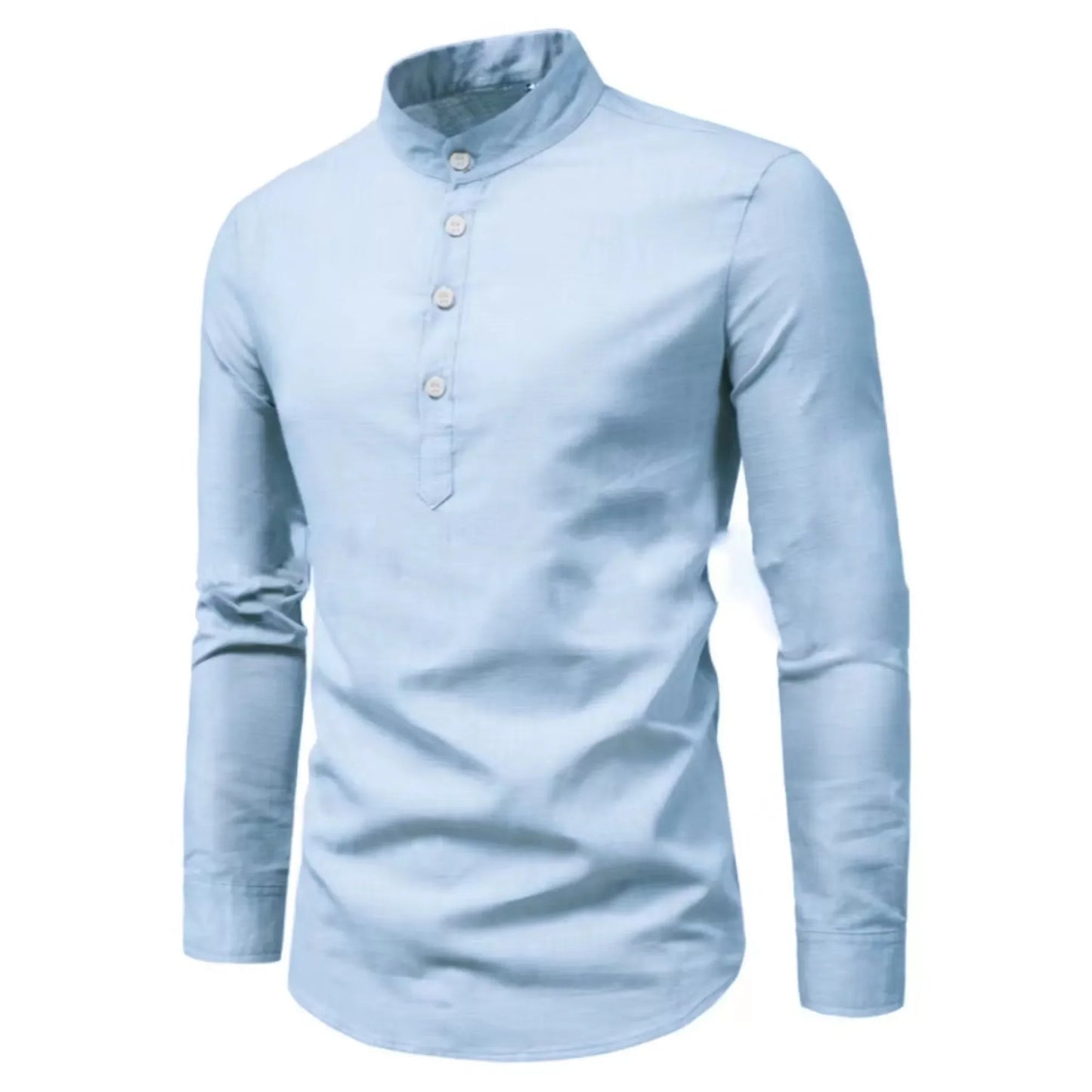 Men's Casual Long Sleeve Linen Blend Henley Shirt with Roll-Up Sleeves and Stand Collar, Ideal for Lightweight Summer Wear