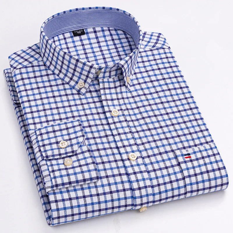 Premium Cotton Button-Down Oxford Shirt with Striped Collar Detail, Long Sleeves, and Classic Chest Pocket Design for Men.