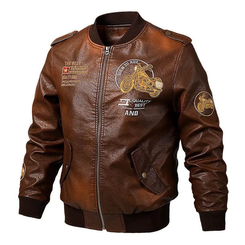 Men's Embroidered Faux Leather Bomber Jacket with Motorcycle Patches and Ribbed Cuffs