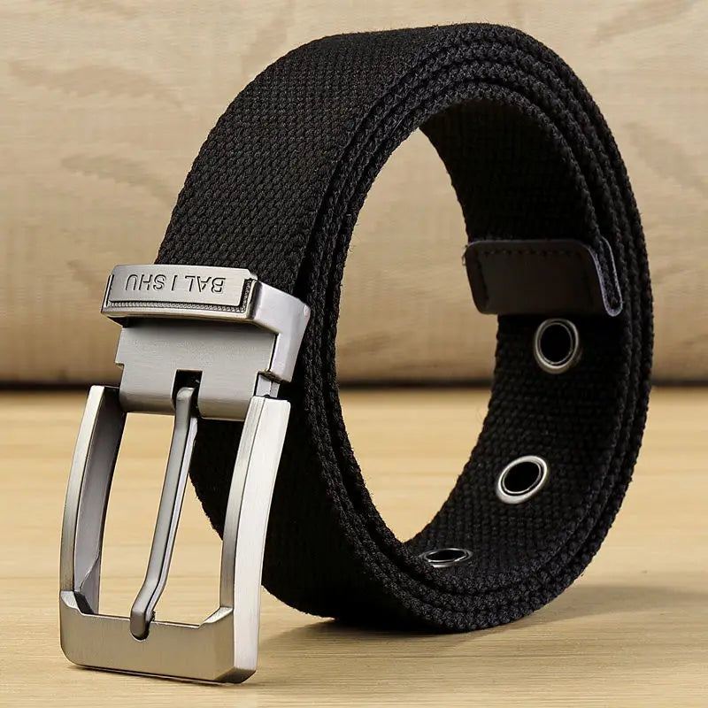 Men's Woven Canvas Belt with Durable Metal Buckle and Striped Design for Casual Wear