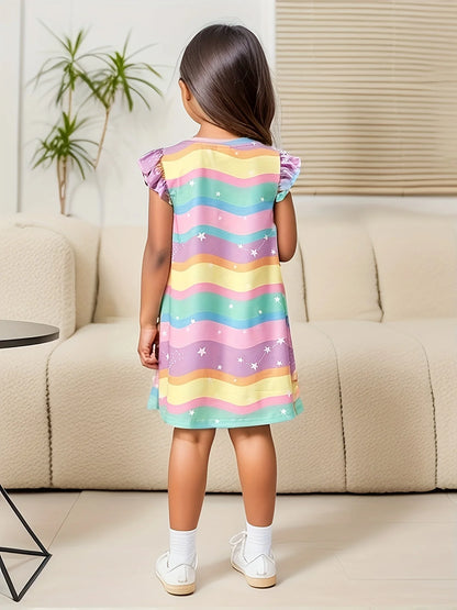 Girls' Unicorn and Rainbow Dress with Ruffled Sleeves – Adorable and Comfortable Summer Wear for Kids