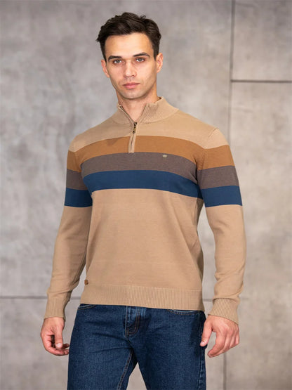 Men's Half-Zip Striped Sweater with Stand Collar and Ribbed Cuffs and Hem for a Stylish Casual Look