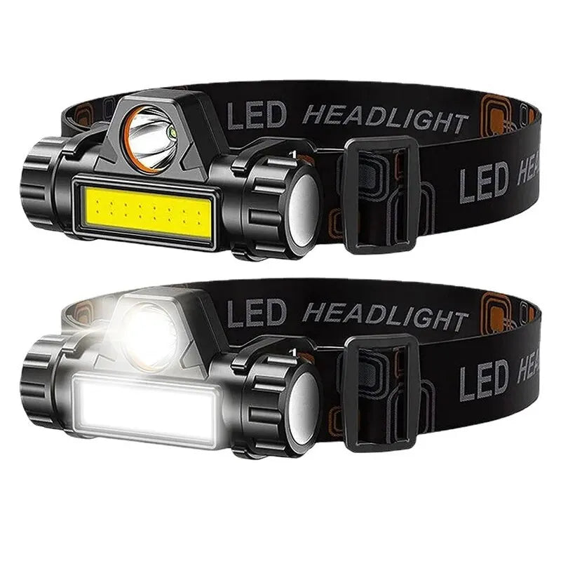 Rechargeable LED Headlamp with Dual Light Sources, Adjustable Headband, and Waterproof Design, Ideal for Camping, Hiking, and Night Work