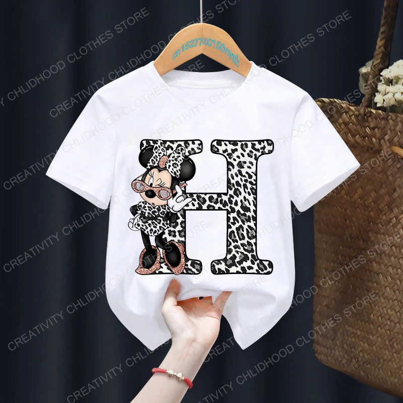 Minnie Mouse Leopard Print Alphabet Graphic T-Shirt for Kids – Trendy and Fun Summer Wear