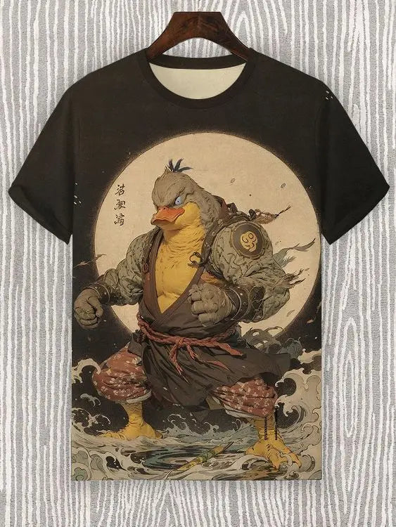 Men's Short Sleeve T-Shirt with Samurai Panda Graphic and Detailed Autumn Background Design