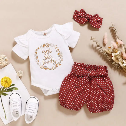 Adorable "Isn't She Lovely" Floral Print Bodysuit with Polka Dot Shorts and Matching Headband for Baby Girls