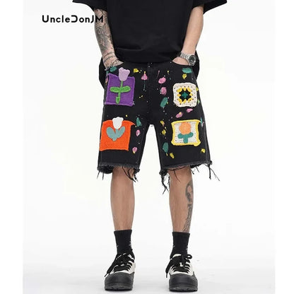 Men's Streetwear Denim Shorts with Colorful Crochet Patches and Distressed Hem Design