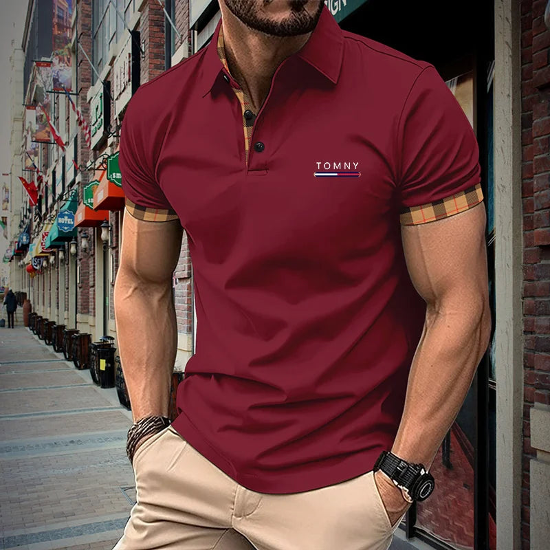 Men's Slim Fit Polo Shirt with Plaid Accent on Sleeves and Collar for a Stylish Casual Look