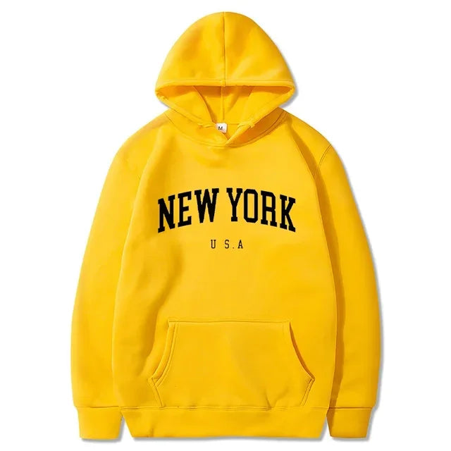 New York USA Graphic Hoodie with Kangaroo Pocket and Ribbed Cuffs for Urban Casual Style