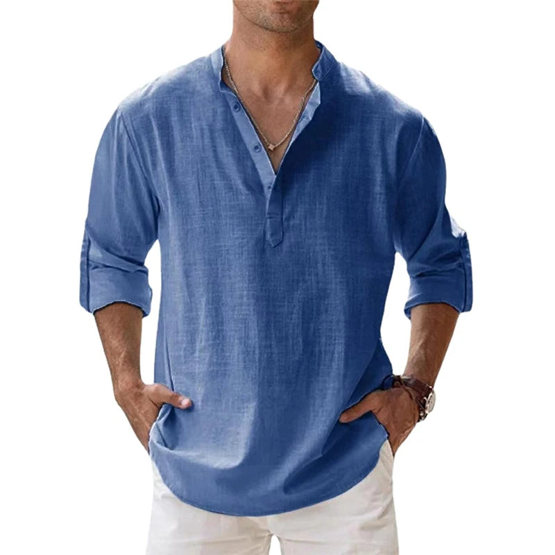 Men's Casual Long Sleeve Linen Blend Henley Shirt with Buttoned Placket and Roll-Up Sleeves, Ideal for Lightweight Summer and Beach Wear