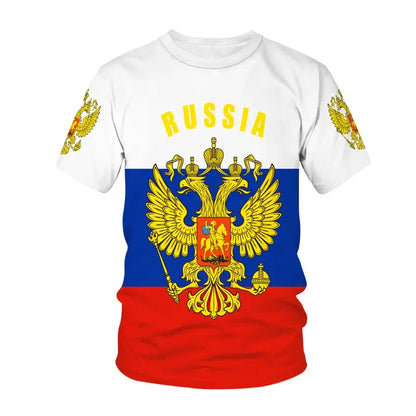 Men's Short Sleeve T-Shirt with Russian Coat of Arms and Flag Design, Customizable Name Option, and Military-Inspired Graphics