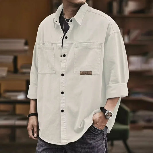 Men's Casual Long-Sleeve Shirt with Button-Up Front and Dual Chest Pockets for Stylish and Versatile Wear