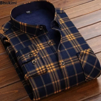 Men's long sleeve plaid flannel shirt with button-down front and thick fleece lining for added warmth in winter