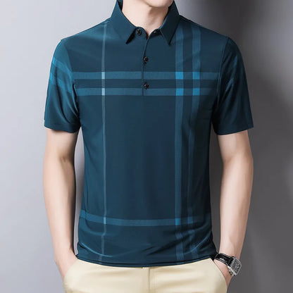 Men's Striped Short Sleeve Polo Shirt with Button Placket and Classic Fit Design