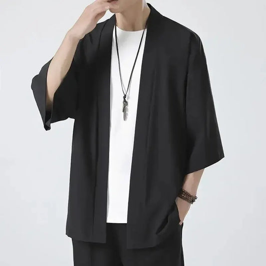 Men's Loose-Fit Kimono Cardigan with 3/4 Sleeves and Open Front, Ideal for Casual and Layered Outfits