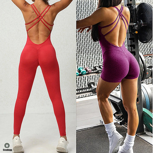 Strappy Back Yoga Jumpsuit for Women with Scrunch Butt Detailing in Full-Length and Shorts Styles