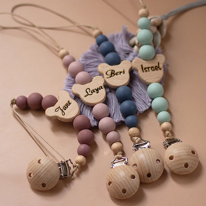 Personalized Baby Pacifier Clips with Wooden and Silicone Beads for Teething and Soothing