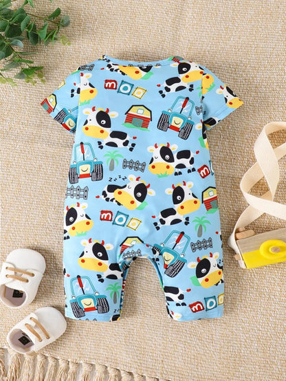 Adorable Baby Romper with Farm Animal and Tractor Print, Short Sleeves, and Snap Closures for Easy Dressing and Changing