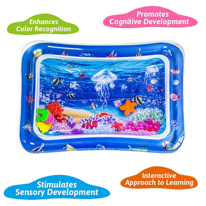 Inflatable Tummy Time Water Play Mat with Underwater Theme and Floating Toys for Baby's Sensory Development and Motor Skills