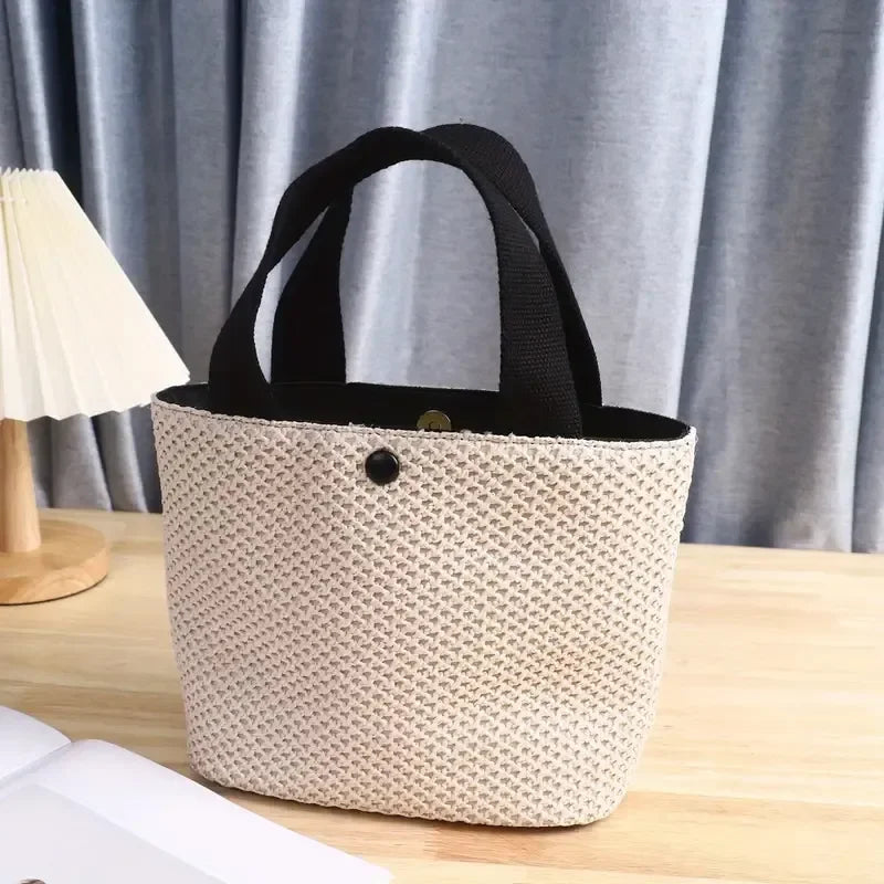 Woven Straw Tote Bag with Contrast Handles and Snap Closure for Casual Outings