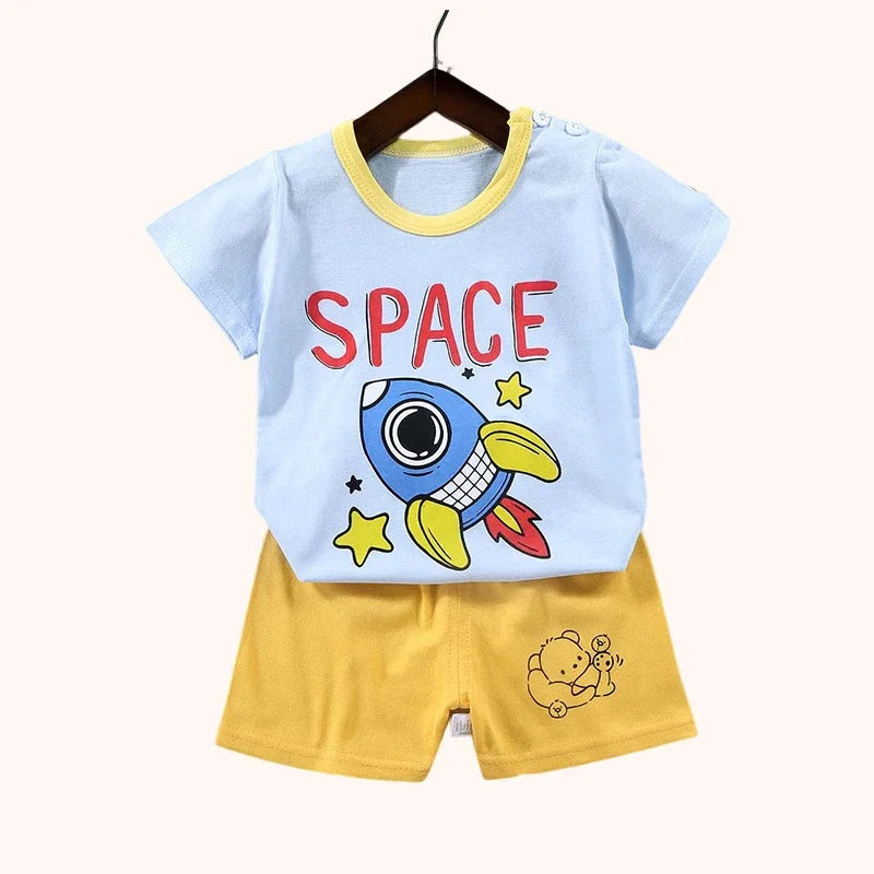 Adorable Toddler Summer Outfits with Fun Cartoon Prints, Perfect for Playtime and Casual Wear.