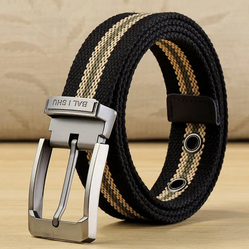 Men's Woven Canvas Belt with Durable Metal Buckle and Striped Design for Casual Wear