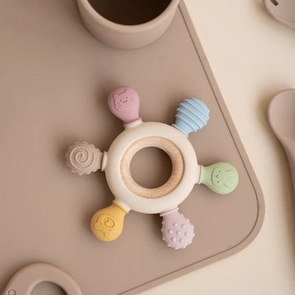 Premium Wooden and Silicone Baby Teething Ring with Multiple Textures and Shapes for Soothing Teething Relief and Sensory Development