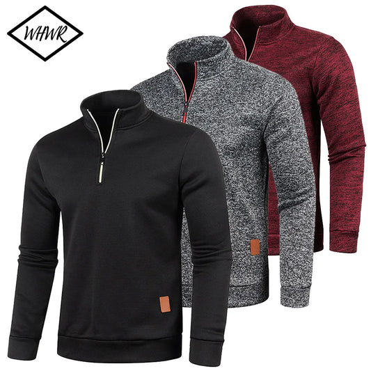 Men's Stylish Quarter-Zip Sweatshirt with Soft Fabric, Leather Patch, and Versatile Design