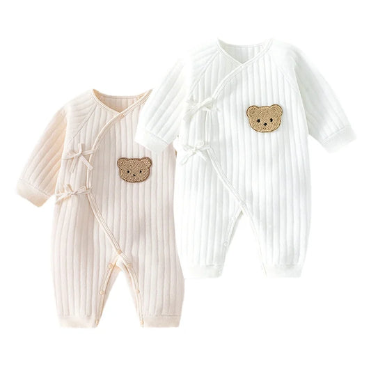 Baby Footed Romper with Adorable Bear Patch and Side Tie Closure